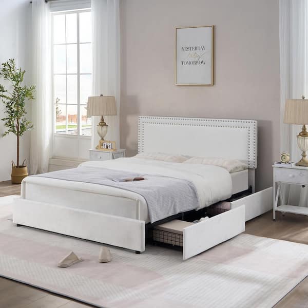 VECELO Platform Bed Frame White Metal Frame Full Size Platform Bed with 4-Storage Drawers, Upholstered Bed with Headboard