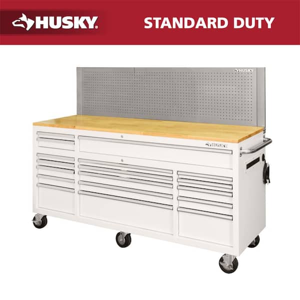 72 in. W x 24 in. D 18-Drawer Standard Duty Mobile Workbench Tool Chest with Solid Wood Top and Pegboard in Gloss White