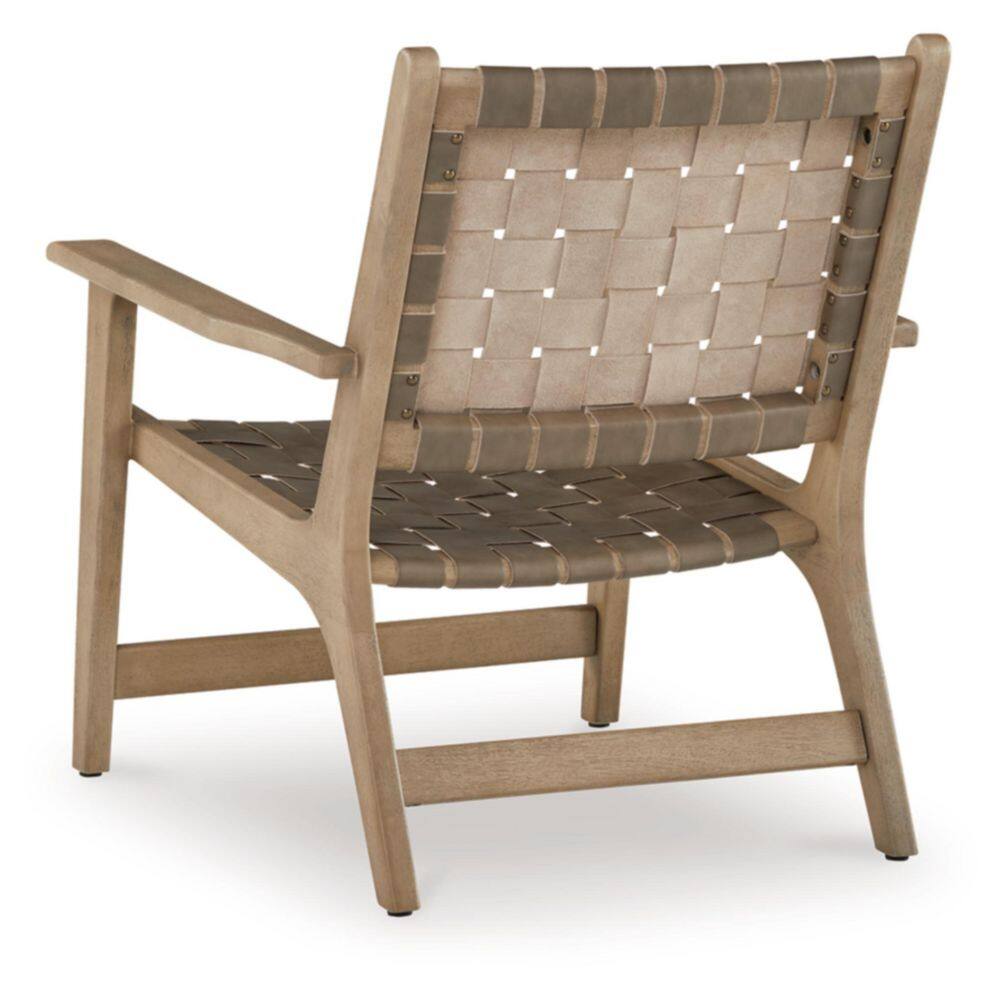 Beige Leather and Wood Woven Accent Chair