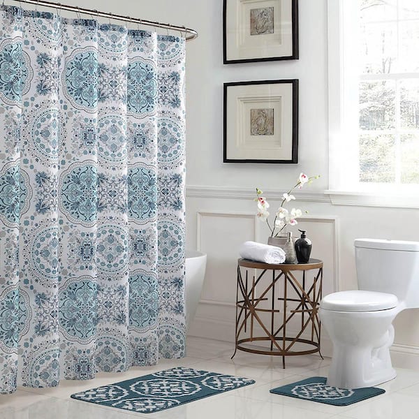 Bath Fusion Ine Geometric 18 In X, Grey And Teal Blue Shower Curtain