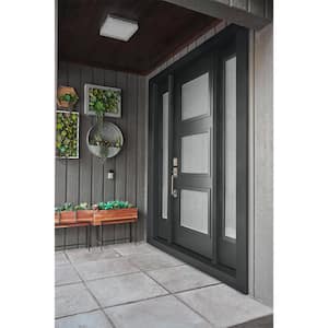 36 in. x 80 in. Right-Hand 3 Lite Satin Etched Decorative Glass Black Painted Fiberglass Prehung Front Door w/Brickmould
