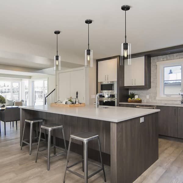 1-Light Dimmable LED Black Kitchen Island Pendant Light with Clear Glass Shade, for Living Room, Dining Room, Bedroom