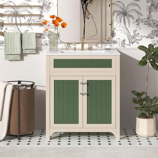 30 in. W x 18 in. D x 33.85 in. H Single Sink Freestanding Bath Vanity in Green with White Ceramic Top and Storage