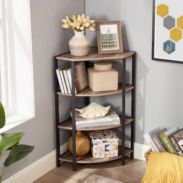 CSC DECOR INC 22 in. Brown Half-Circle Wood End Table 4-Tier Corner Open Shelf Freestanding Shelving Unit Plant Stand Small Bookshelf