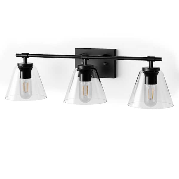 Briignite 25 in. 3-Light Matte Black Cone Vanity Light with Clear Glass Shade for Bathroom Multi Mounting Positions
