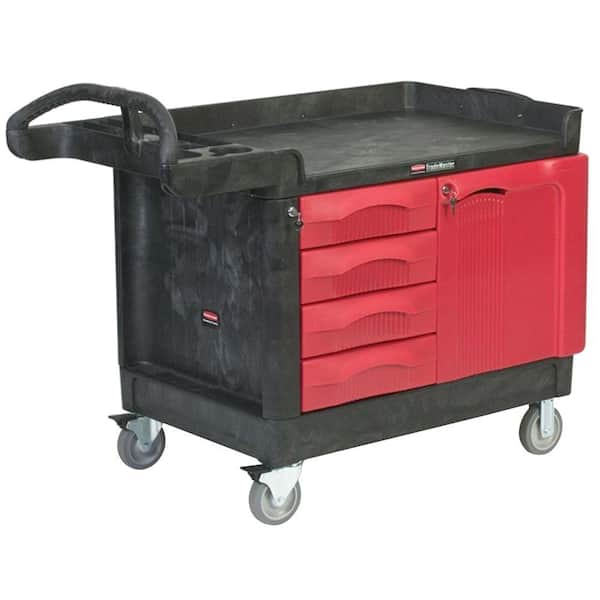 Rubbermaid Commercial Products 26.25 in. Small 4-Drawer Utility Cart in Red/Black with Cabinet