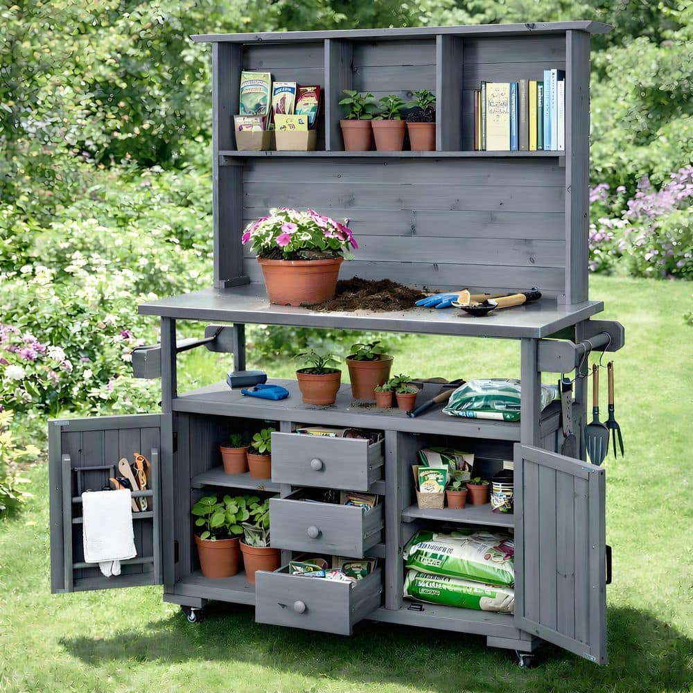 GOGEXX 6-Tier Gray Wood Outdoor Plant Potting Bench Kits and