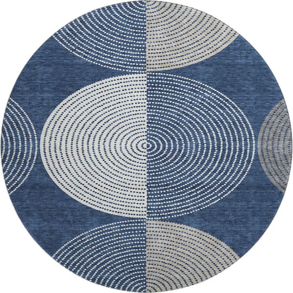 Mayfield Premium Machine Washable Abstract AMF2281 Navy 8 ft. x 8 ft. Round Rug