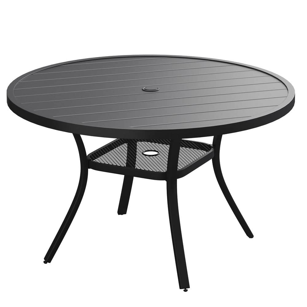 47.2 in. Black Round Metal Outdoor Dining Table for 6 with Adjustable Umbrella Hole and Slatted Top for Lawn, Patio price history on PriceWatchPro