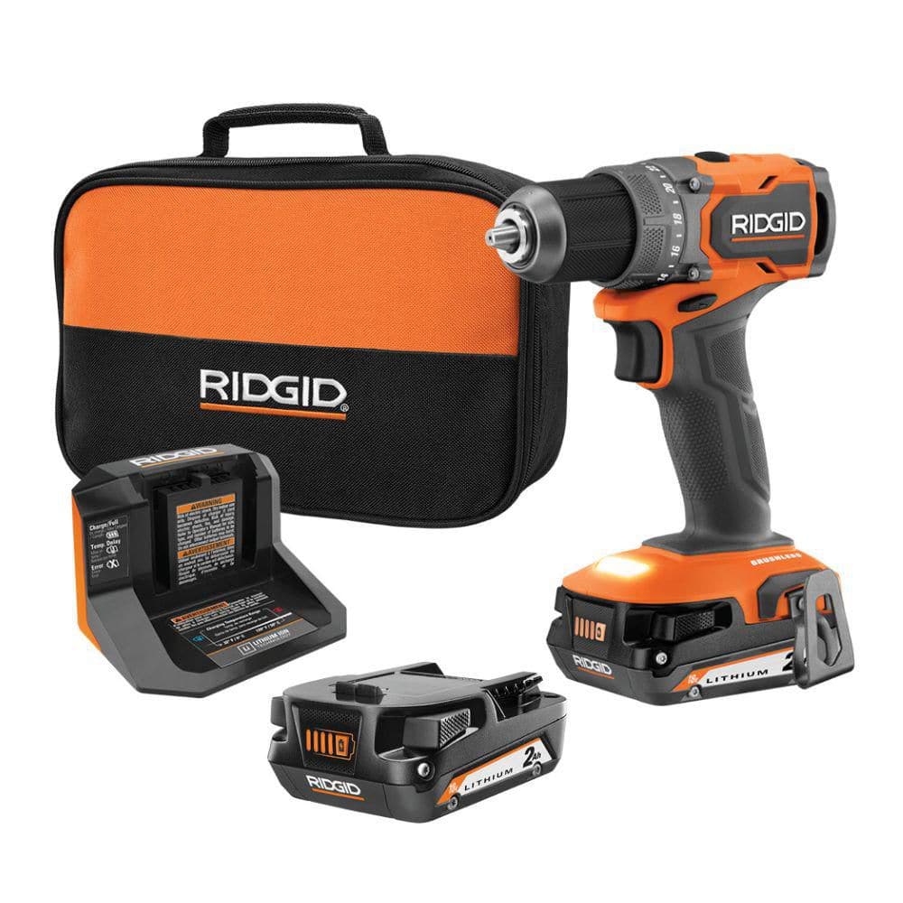 RIDGID 18V SubCompact Brushless Cordless 1/2 in. Drill/Driver Kit with (2) 2.0 Ah Batteries, Charger, and Tool Bag (R87012K)