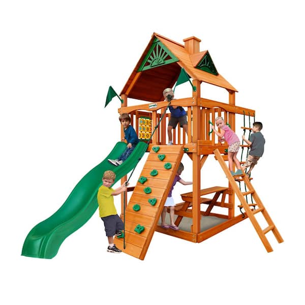 Gorilla Playsets Chateau Tower Wooden Outdoor Playset with Picnic Table,  Wave Slide, Rock Wall, Sandbox, and Swing Set Accessories 01-0061-AP - The  Home Depot