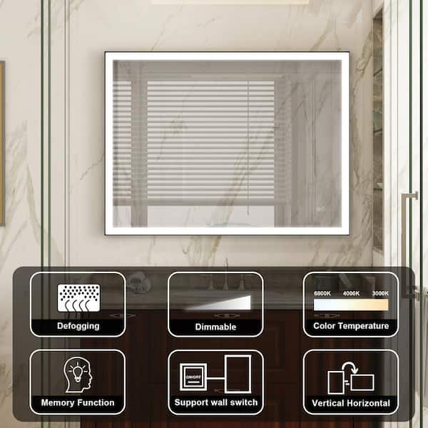 RECA 48 in W x 36 in. H Rectangular Single Aluminum Framed Anti-Fog LED Light Wall Bathroom Vanity Mirror in Matte Black