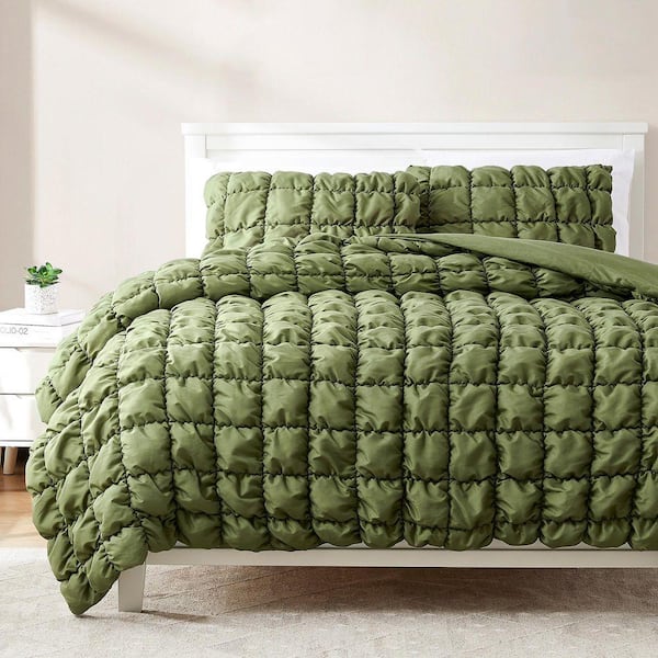 Puff 3 Pieces Sage Solid Microfiber Full/Queen Comforter Set