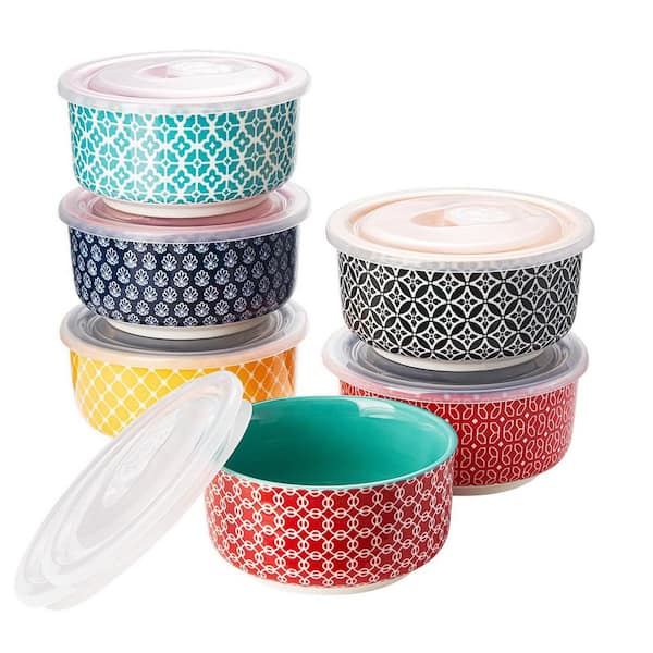 6 Piece Round Ceramic Ramekin Set with Lids, Oven Safe, Vibrant Colors, for Baking Custard Souffle Dip