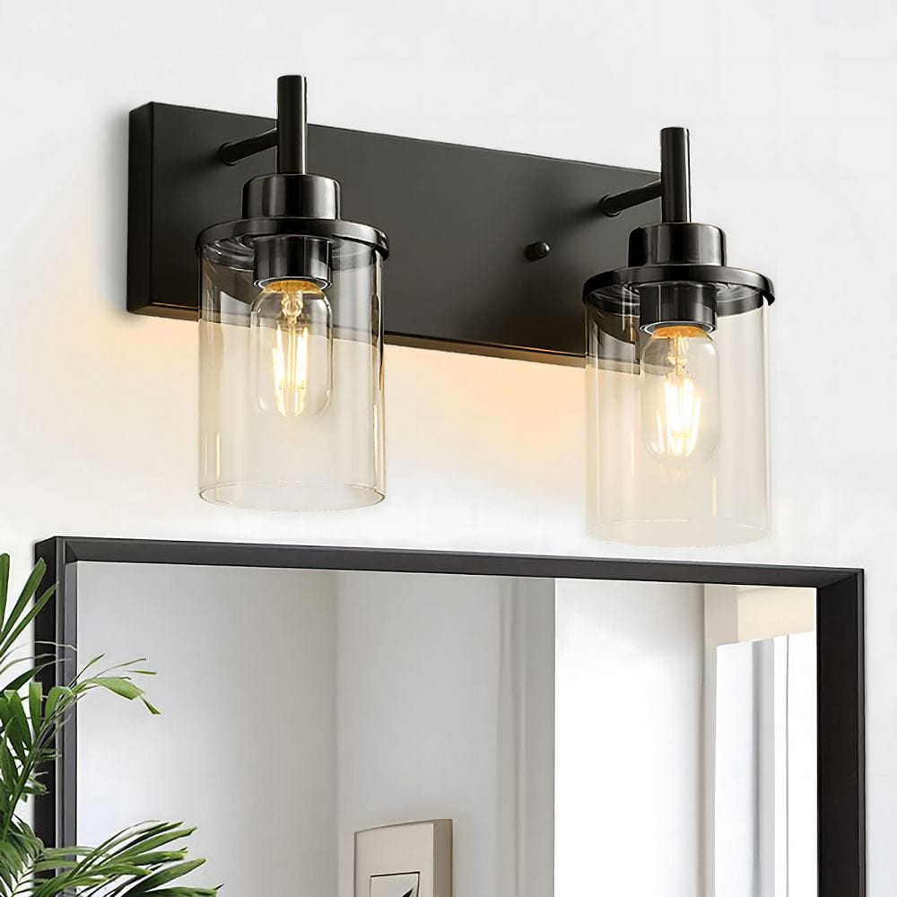 13.78 in. Modern 2-Light Black Color Bathroom Vanity Light with Cylinder Gl