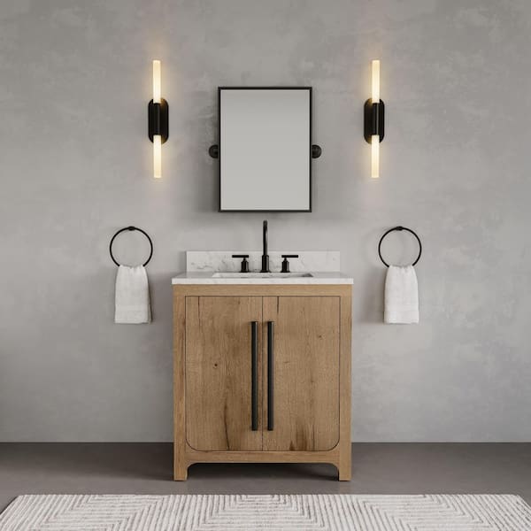 Perris 30 in. Single Sink Bath Vanity in Weathered Oak with Carrara White Engineered Stone Top