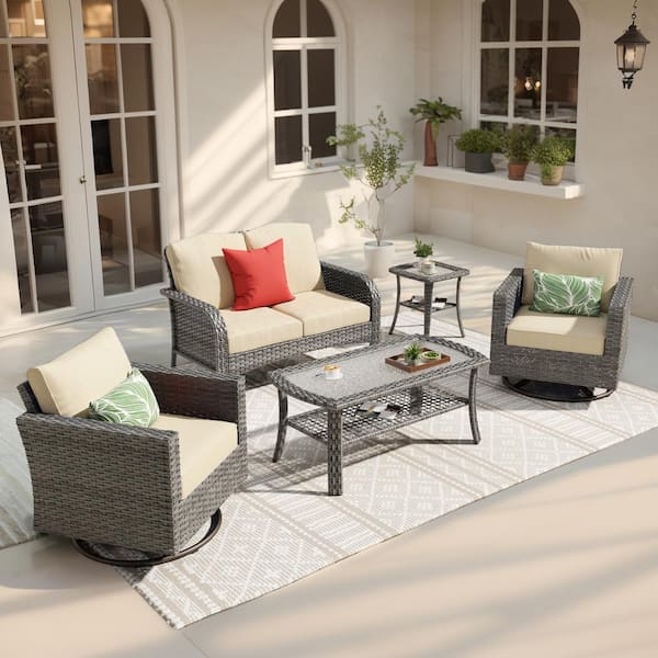 weaxty W Rocking Hyacinth Gray 4-Piece Wicker Patio Outdoor Conversation Seating Set with a Coffee Table and Beige Cushions