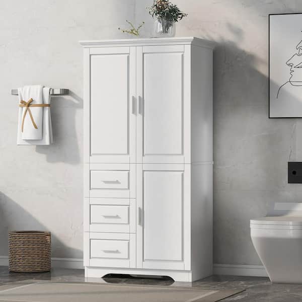 32 6 In W X 19 D 62 2 H Mdf Tall And Wide Storage Bathroom Linen Cabinet With 3 Drawers White Ktkhwy24 The