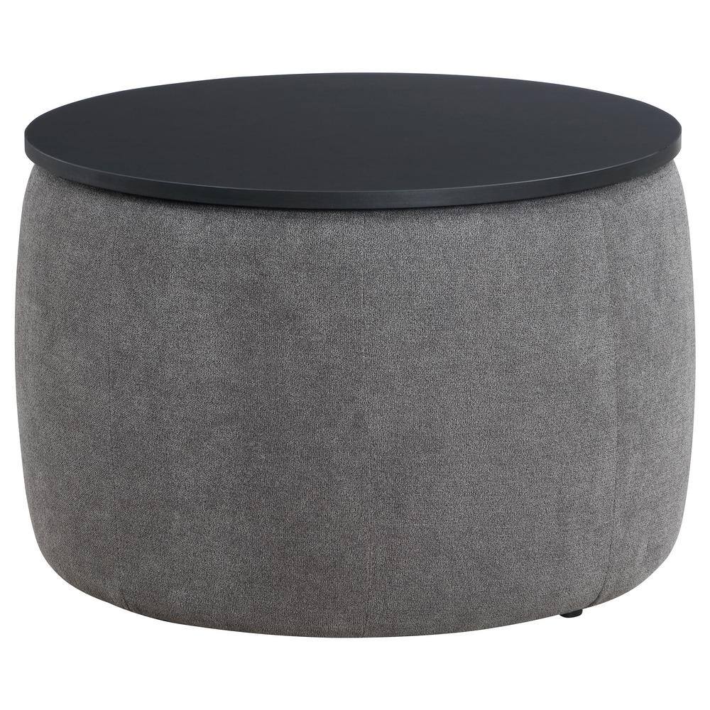 Gray and Black Round Upholstered Lift-Top Storage Ottoman