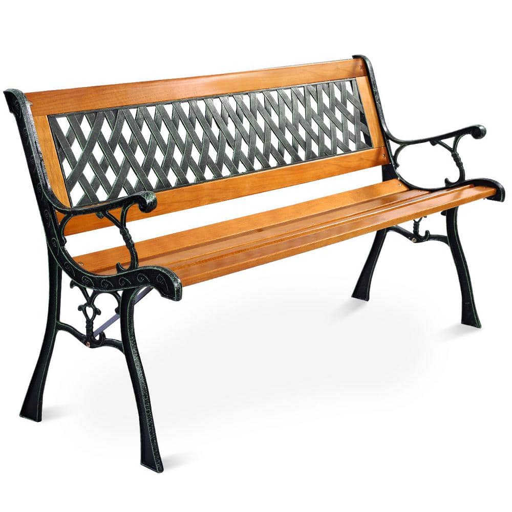 49.5'' Black Iron and Natural Wood Outdoor Garden Bench