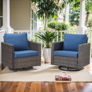 Brown Wicker Outdoor Rocking Chair, Patio Swivel Gliders with Navy Blue Cushions for Porch or Balcony (2-Pack)