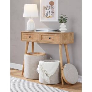 Tray Light Brown Fabric and Natural Wood Nesting Ottoman Set