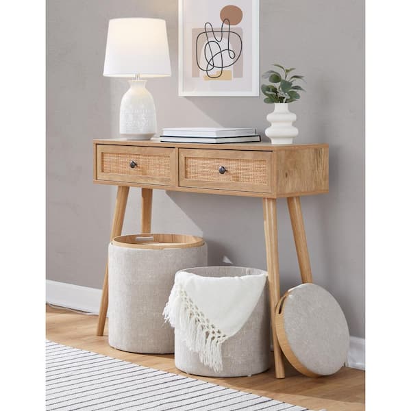 Lumisource Tray Light Brown Fabric and Natural Wood Nesting Ottoman Set