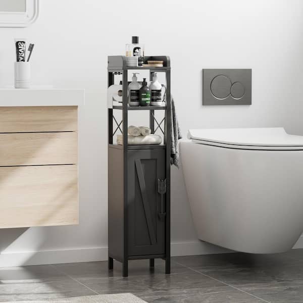 VECELO Narrow Bathroom Cabinet with Toilet Paper Holder Rustic Accent Storage Cabinet for Tight Corners Black 31.5 in. H