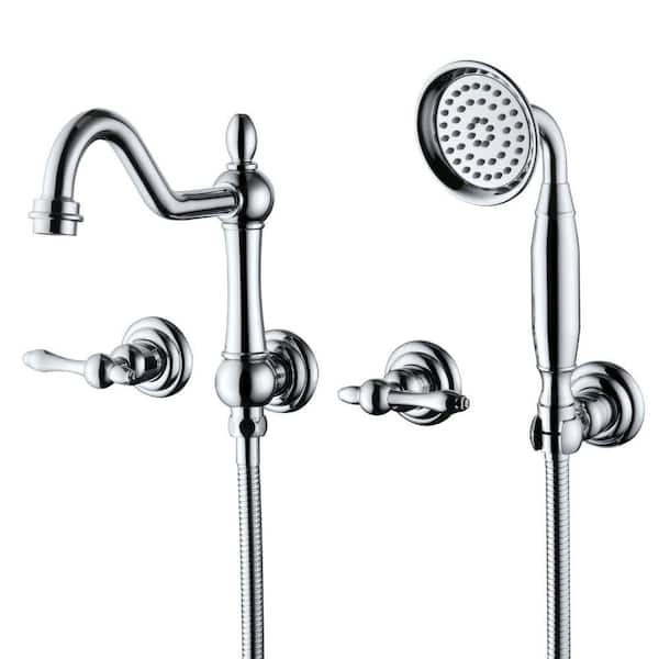 Vintage Double Handle Wall Mount Roman Tub Faucet with Hand Shower in Chrome