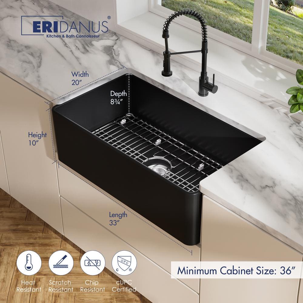 Matte Black Fireclay Farmhouse Single Bowl Kitchen Sink