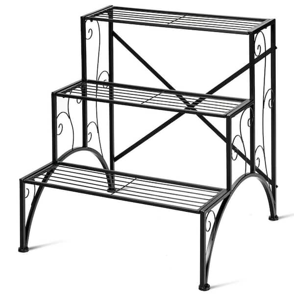 WELLFOR 3-Tier Stair Style Garden Shelf Black Iron Plant Stand