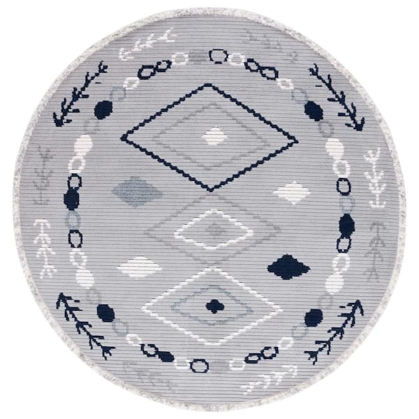 Marrakesh Gray/Navy 7 ft. x 7 ft. Round Geometric Striped Area Rug