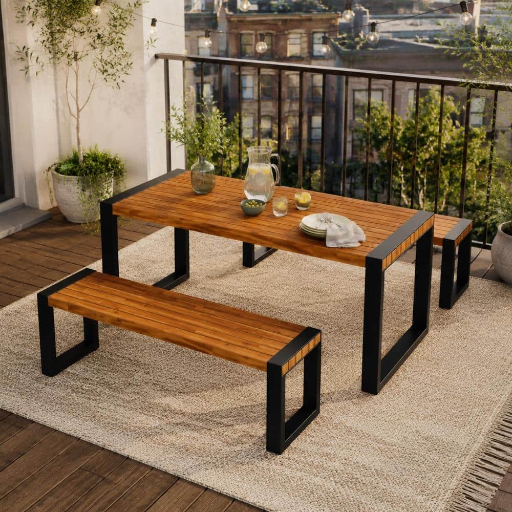 3-Piece Outdoor Dining Set with Acacia Wood Table & 2 Benches, Steel Frame Patio Dining Furniture for Garden price history on PriceWatchPro