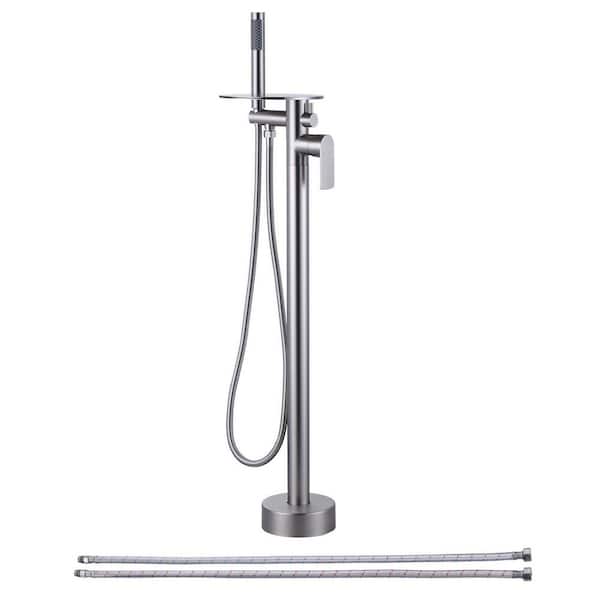 Waterfall Single-Handle Freestanding Tub Faucet, Floor Mount Bathtub Filler with Hand Shower in Brushed Nickel