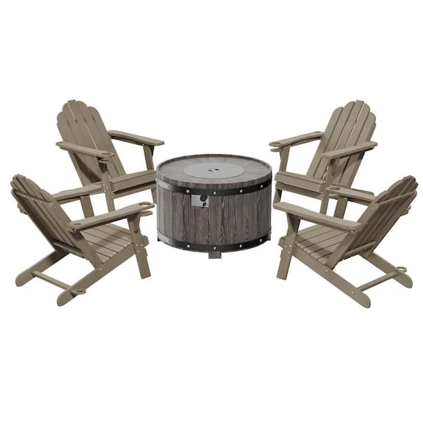 Clihome 5-Piece Set Outdoor Adirondack HDPE Material Plastic Brown Chair with 36 in. Composite Material Patio Fire Pit Table Set