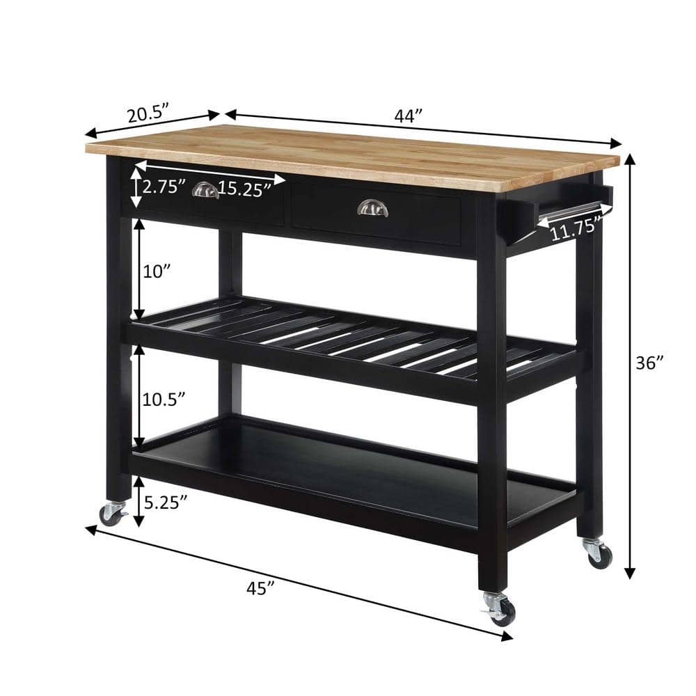 Black and Natural Wood Butcher Block Kitchen Cart with Wine Rack