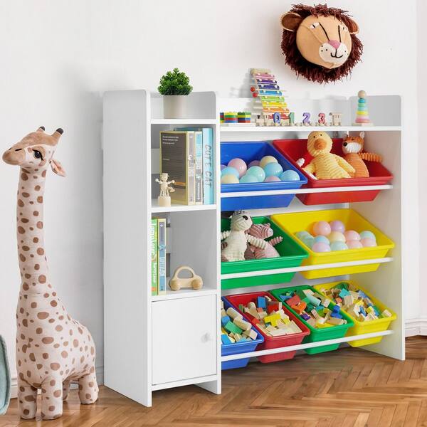 CAPHAUS White Wood Kids Storage Cabinet with 8 Multi-Color Plastic