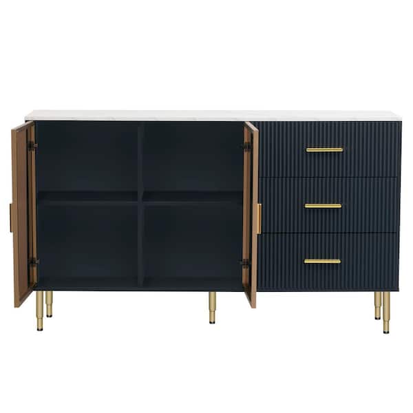 Unbranded 60 in. W x 16 in. D x 36 in. H Navy Blue MDF Ready to Assemble Kitchen Cabinet with Gold Metal Legs & Handles