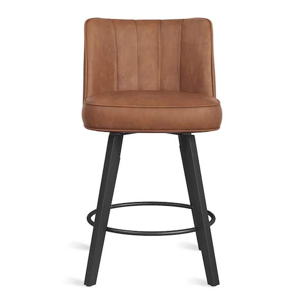 LUE BONA Paul 26 in. Brown Modern Faux Leather 360° Swivel High Back Barstool Solid Wood Counter Height stool Set of 2