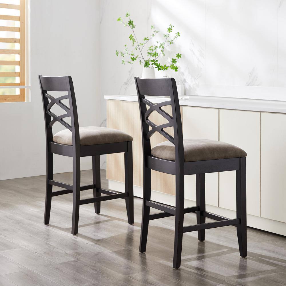 Black Wood Double Crossback Counter Height Stool with Gray Linen Seat