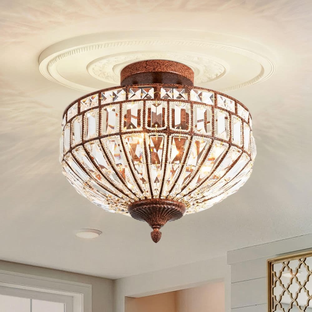 Rennnsan Karsyn 15.4 in. 3-Light Bronze Luxury Crystal Semi-Flush