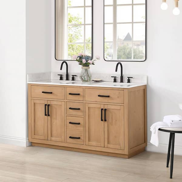 Gavino 60 in. W x 22 in. D x 34 in. H Bath Vanity in Light Brown with Grain White Composite Stone Top