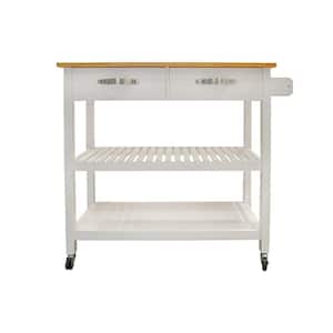 White Kitchen Cart with 2 Lockable Wheels, Rubber Wood Top