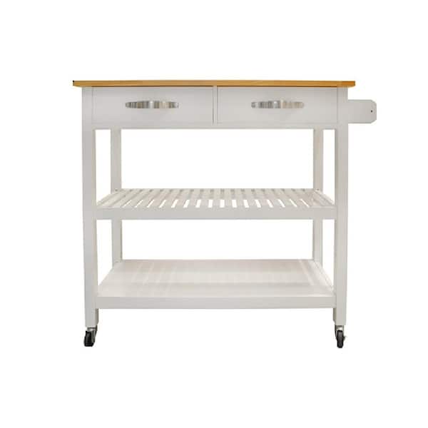 Movisa White Kitchen Cart with 2 Lockable Wheels, Rubber Wood Top