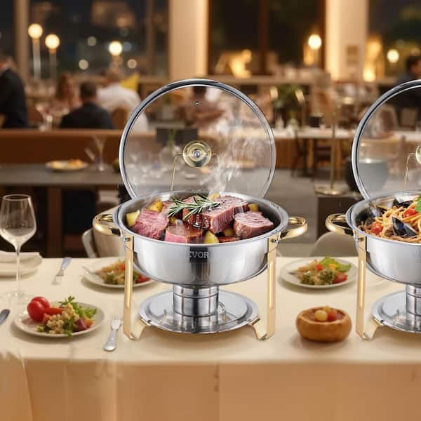 Chafing Dish Buffet Set, 5 qt. 4-Pack, Stainless Steel Chafer with Pans and Glass Lid, Round Catering Warmer with Fuel