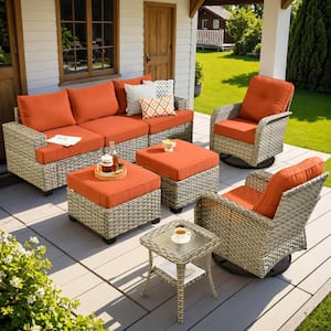 Vinceny Gray 8-Piece Wicker Patio Conversation Seating Set with Orange Red Cushions and Swivel Chairs