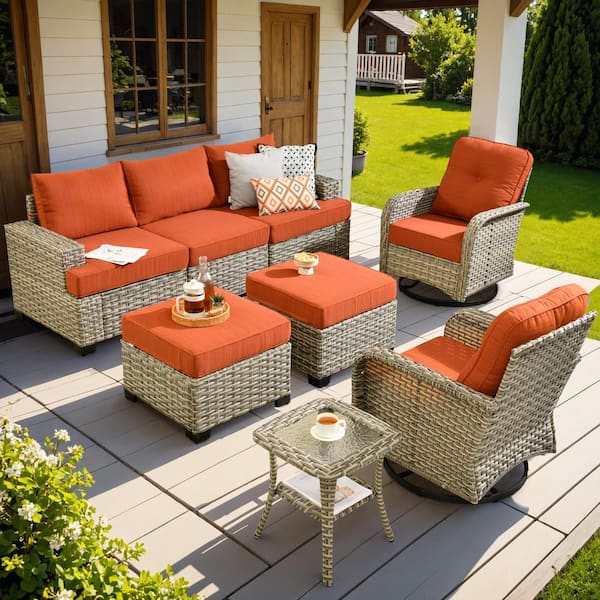 OVIOS Vinceny Gray 8-Piece Wicker Patio Conversation Seating Set with Orange Red Cushions and Swivel Chairs