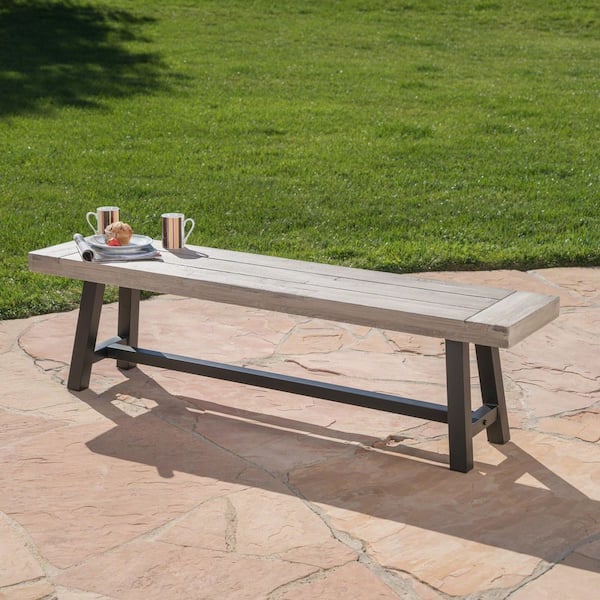 Sandblasted Gray Acacia Wood Outdoor Carlisle Bench with Black Rustic Metal Base