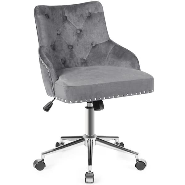 FORCLOVER Adjustable Gray Velvet Fabric Armless Tufted Upholstered Swivel Office Task Chair with Tiltable Backrest