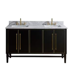 Mason 61 in. W x 22 in. D Bath Vanity in Black with Gold Trim with Marble Vanity Top in Carrara White with White Basins